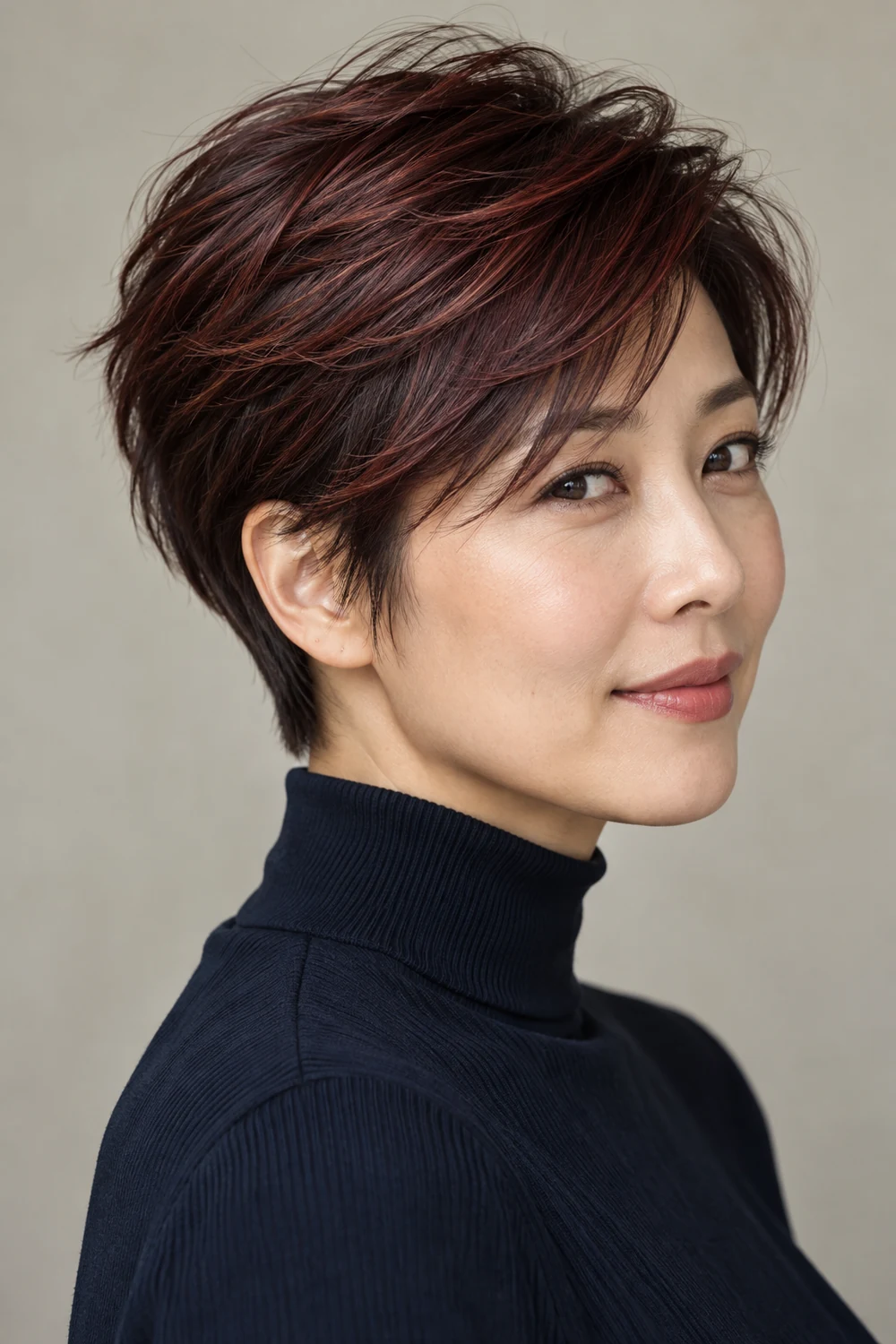 A woman with a textured pixie cut, fine red-violet brown highlights over a deep mahogany brunette base, and darker cropped sides and nape.