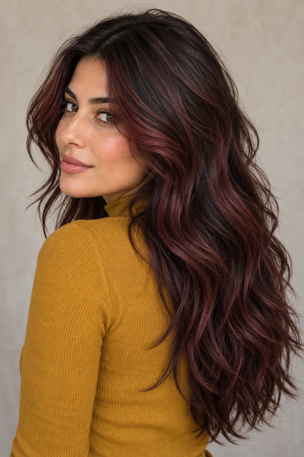Adult woman in a mustard high-neck top with long, wavy mahogany brown shag layers and visible oxblood red-violet ribbons, shown from a three-quarter angle.