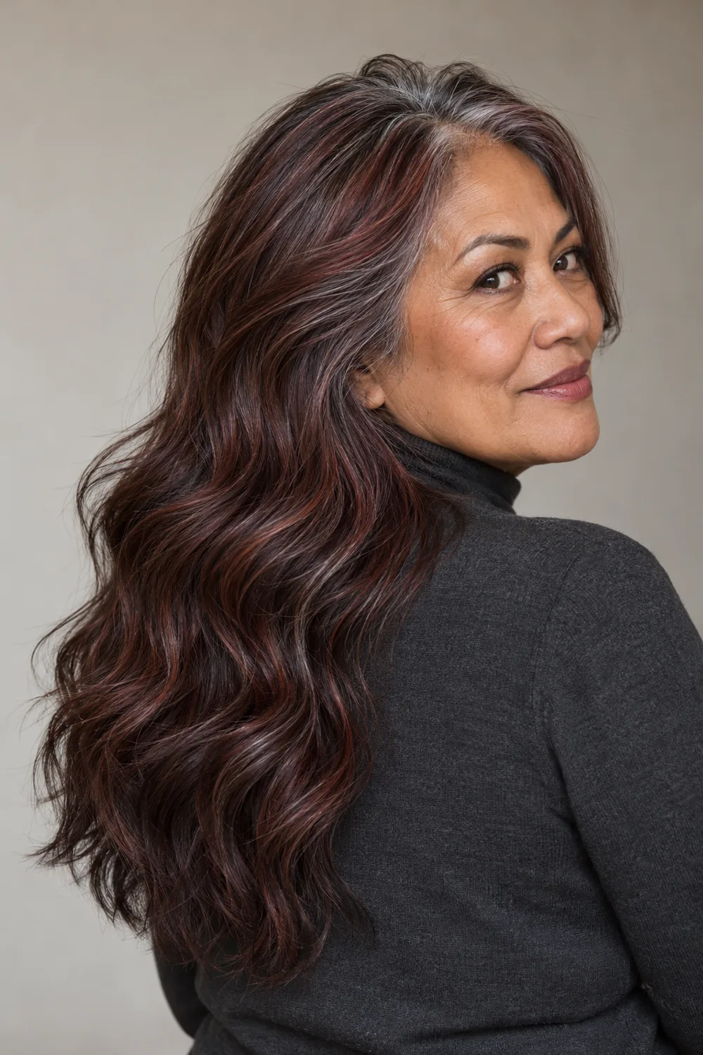 An adult woman in a charcoal high-neck top with long brunette waves, mahogany-red highlights, and visible silver-gray strands around the crown and temples.