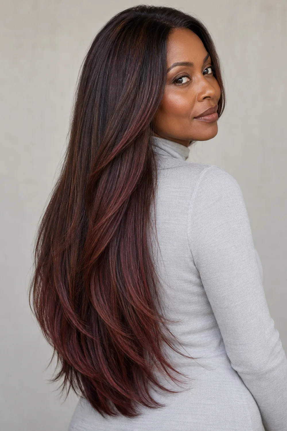 A woman in a pale gray high-neck top looks over her shoulder, showing long, straight mahogany brown hair with muted red-violet and auburn ribbons through the lengths and ends.