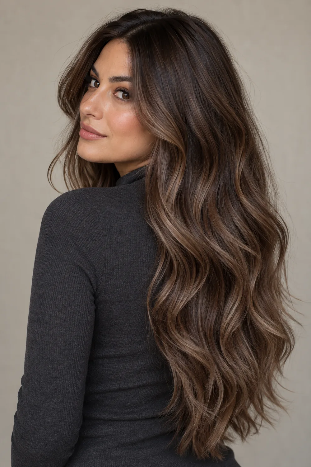 Long, softly layered mocha brown hair with subtle neutral balayage ribbons.