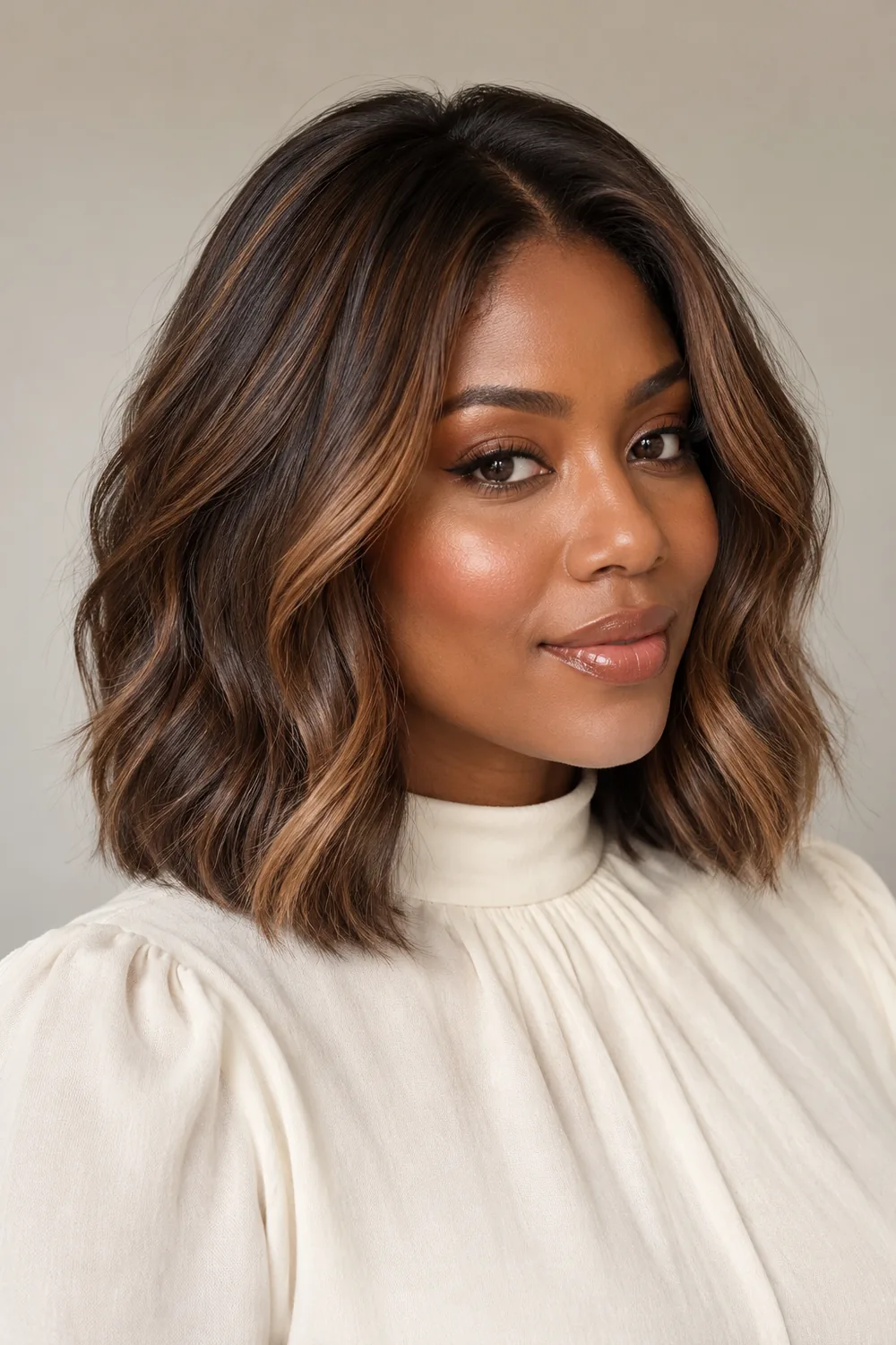 Adult woman with a collarbone-length, loose-bend mocha brown lob and caramel ribbons framing her face.