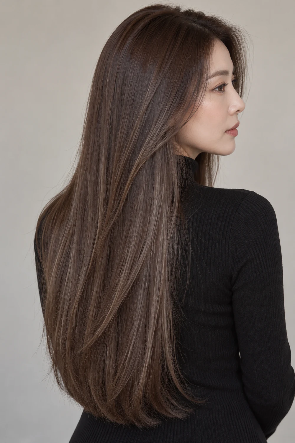 Long, straight cool mocha brown hair with narrow smoky ash-brown ribbons, shown from the back in profile.