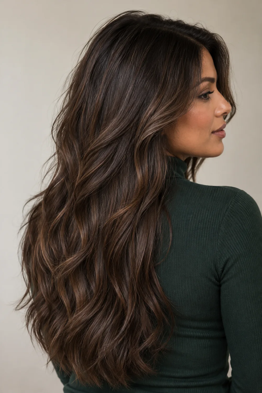 Long, dark mocha brown waves with espresso depth and soft lighter reflections, shown in profile against a neutral background.