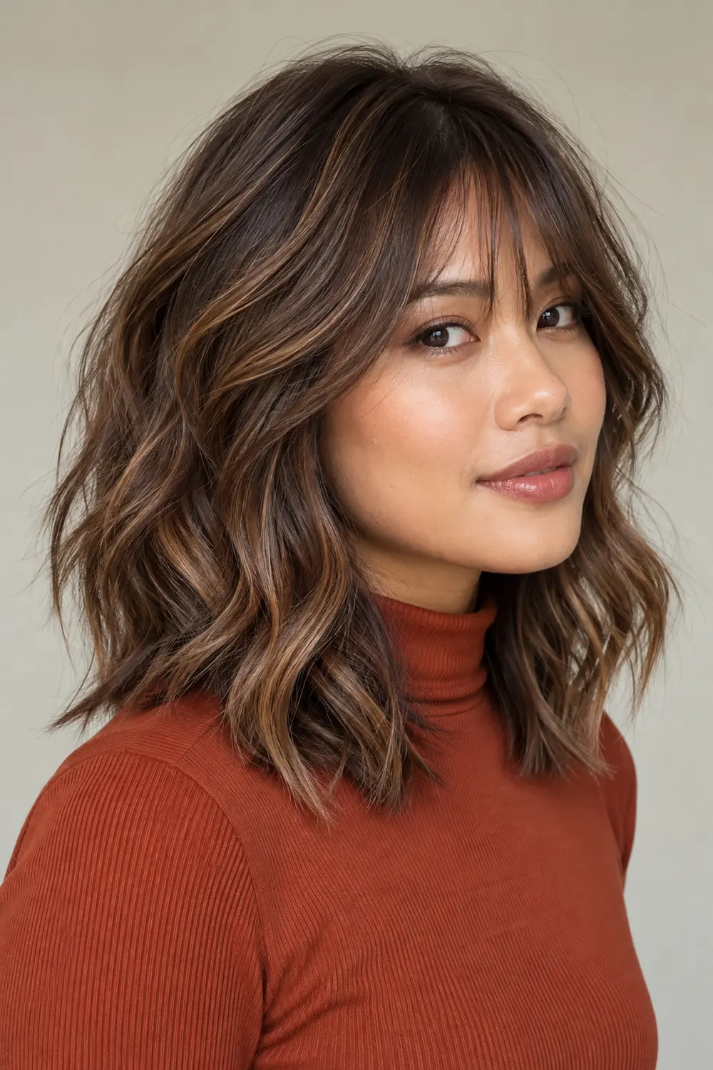 Adult woman with a tousled shoulder-length mocha brown shag, fringe, and broad chestnut ribbons, wearing a rust-colored high-neck top.