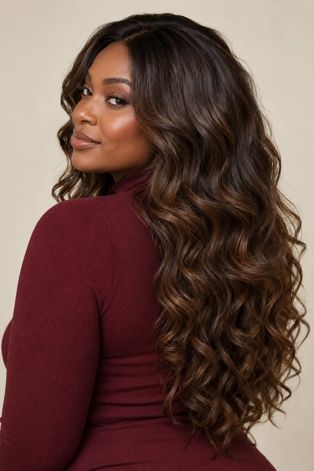 Adult woman in a burgundy high-neck top, looking over her shoulder with long, layered mocha brown curls and subtle warm highlights.