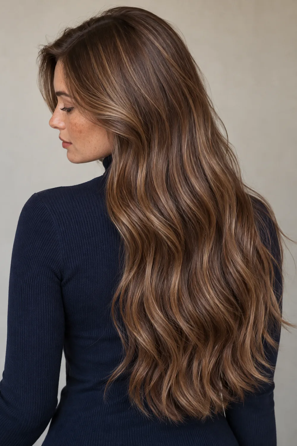 Long light mocha brown hair with fine golden-brown babylights, blended roots, and soft bends, shown from a slight elevated back-side angle.