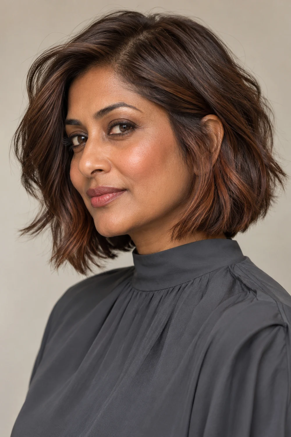 Adult woman with a warm mocha brown, jaw-length layered bob and subtle copper-brown accents through the sides.