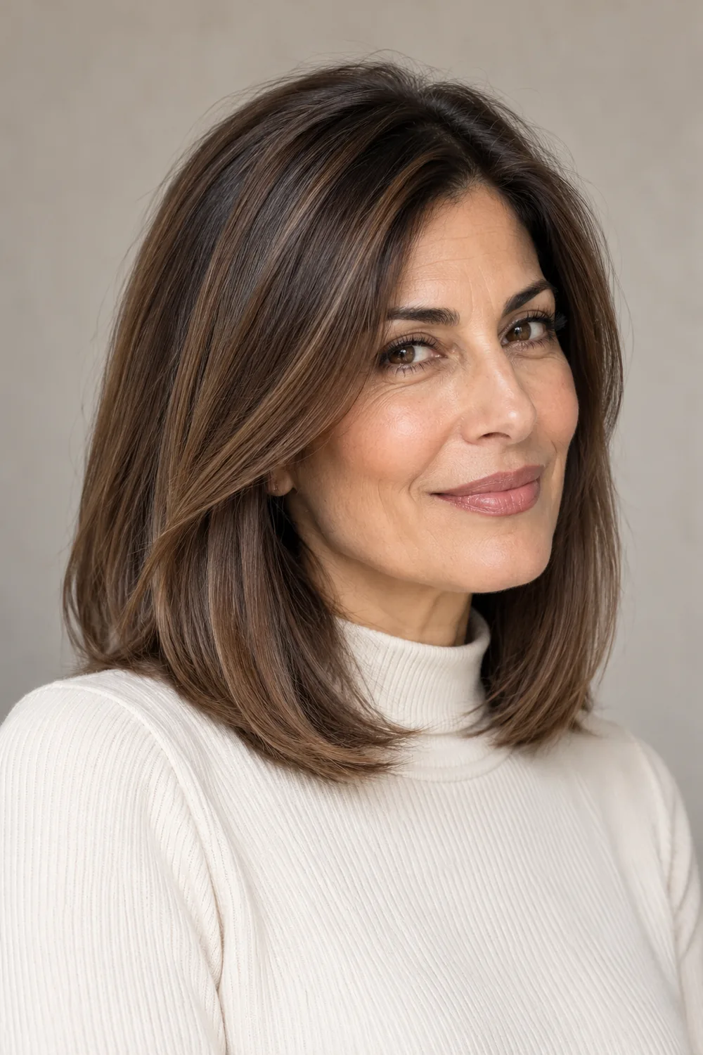 Adult woman in a three-quarter portrait with straight shoulder-length mocha brown hair, darker crown and face-framing sections, and subtly lighter ends.