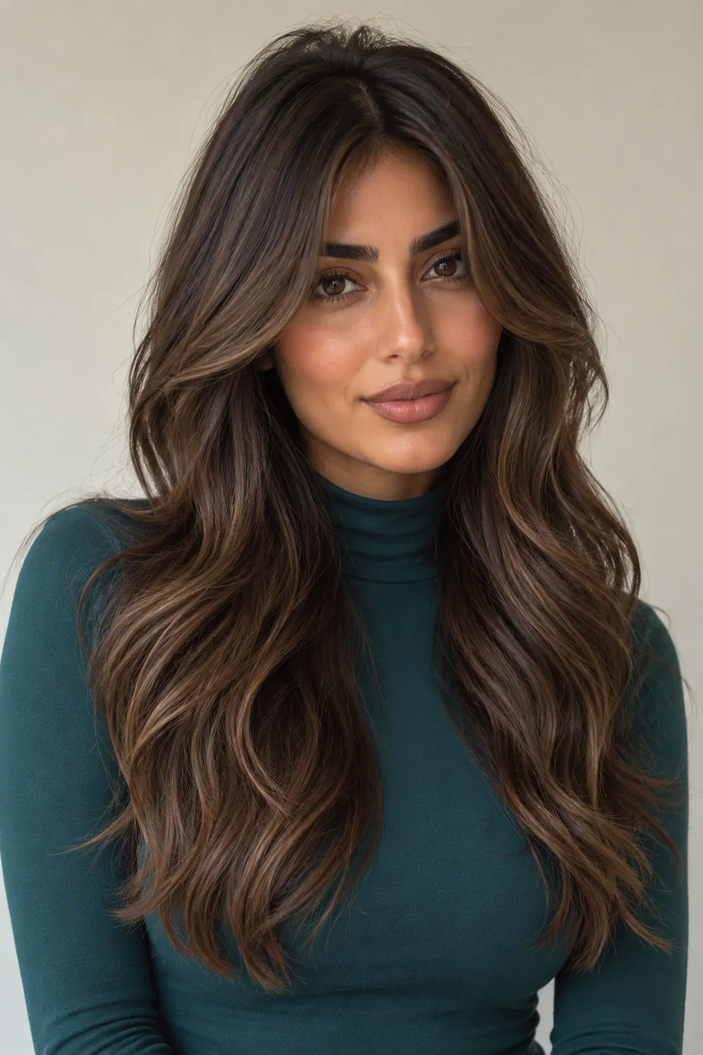Adult woman with long, loose mocha brown waves, curtain fringe, and subtle lighter brown ribbons through the front layers and lengths.