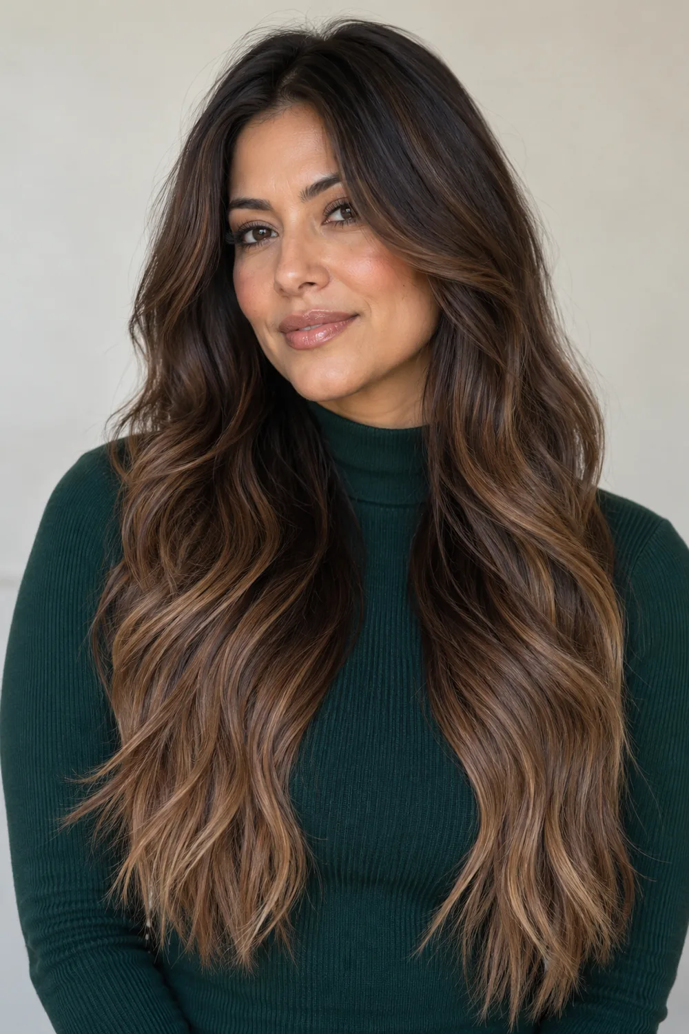 Adult woman with long, loose mocha brown waves that gradually lighten to muted bronde-brown ends, wearing a dark green high-neck top.