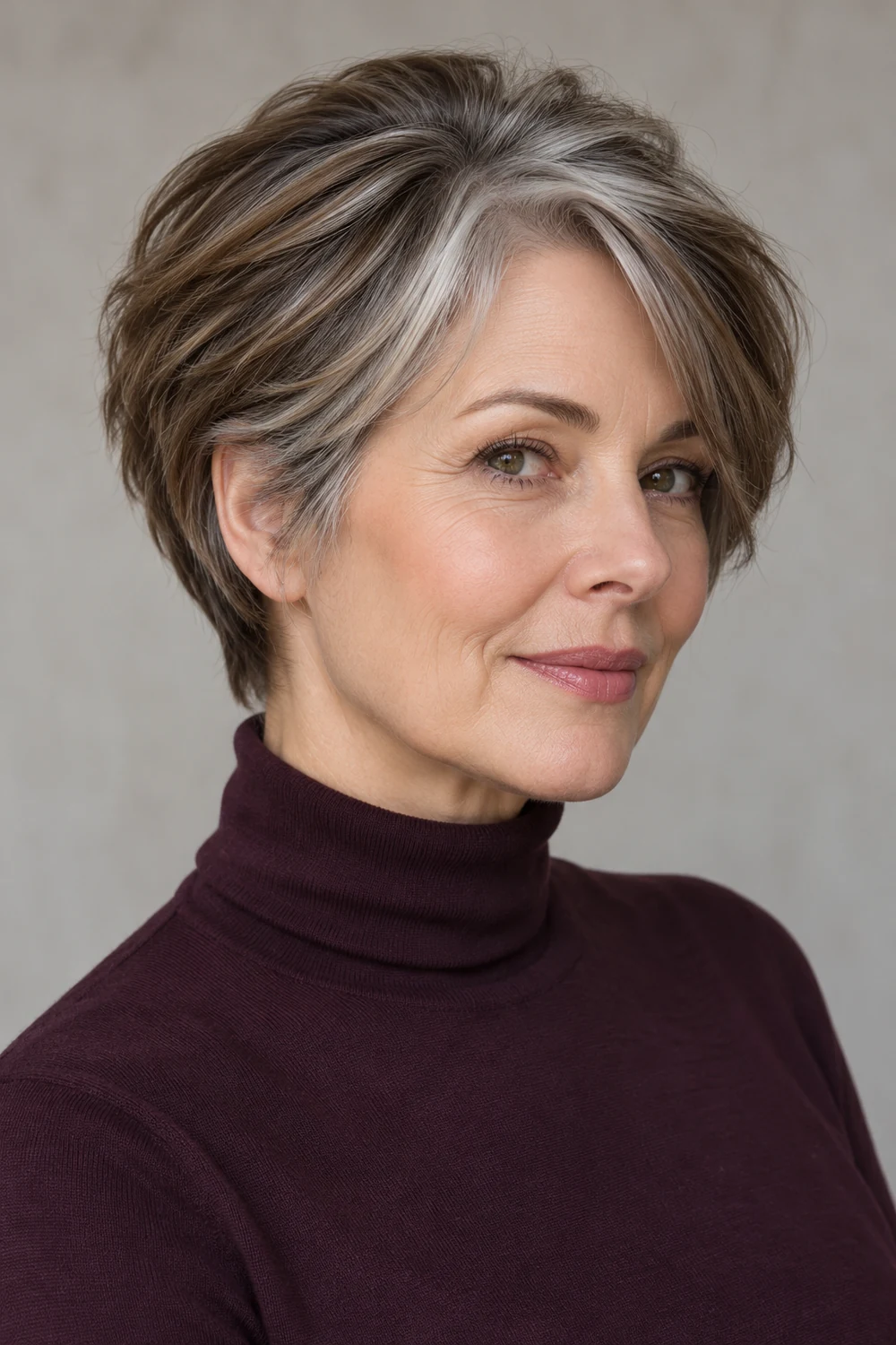 Adult woman with a short layered mocha brown pixie-bob, mushroom-brown strands, and natural silver concentrated at the temples and crown.