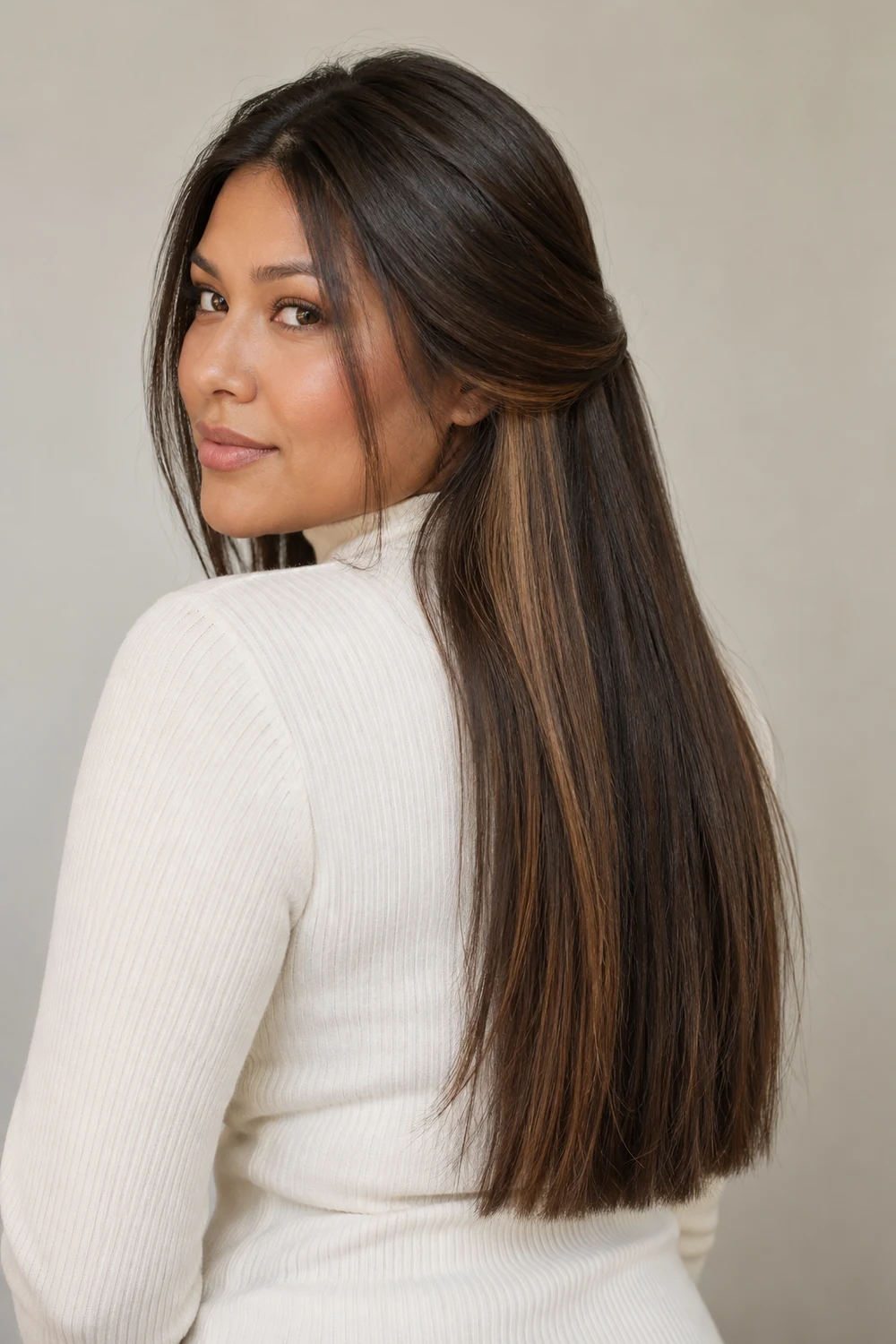 A woman in a white high-neck top looks over her shoulder, showing long mocha brown hair with warm brown underlayer highlights.