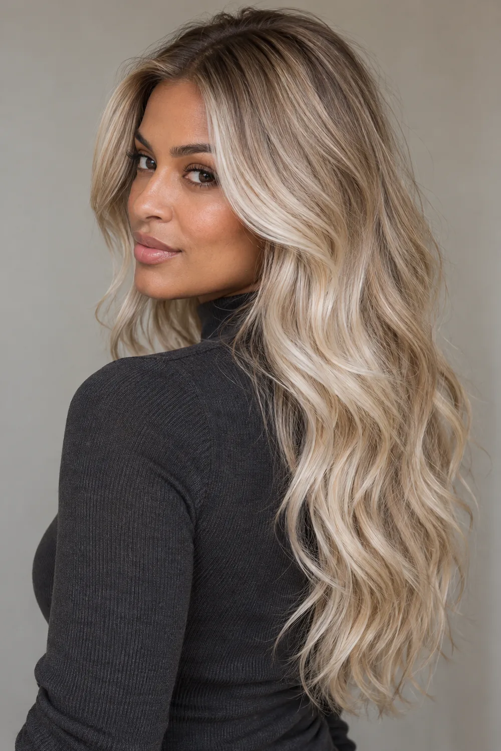 Long pearl blonde layered waves with fine face-framing highlights and a natural dark blonde root shadow, shown from a three-quarter rear angle.