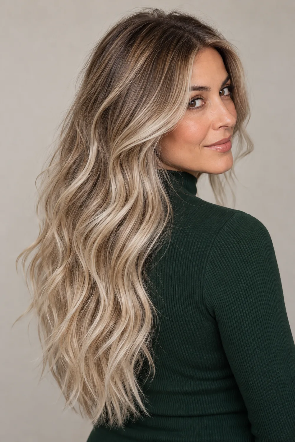 A woman in a forest green high-neck top wears long, loose sandy blonde waves with cool pearl-blonde balayage concentrated through the lengths and ends.