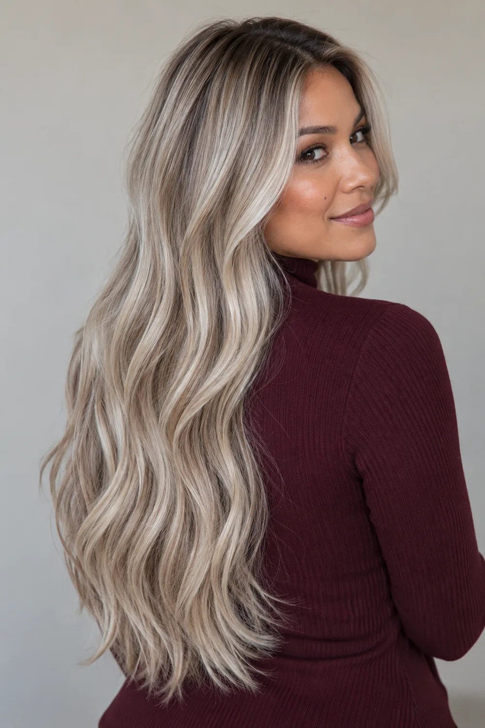 Long pearl blonde waves with a diffused dark blonde root and fine taupe lowlights, shown over a burgundy high-neck top.