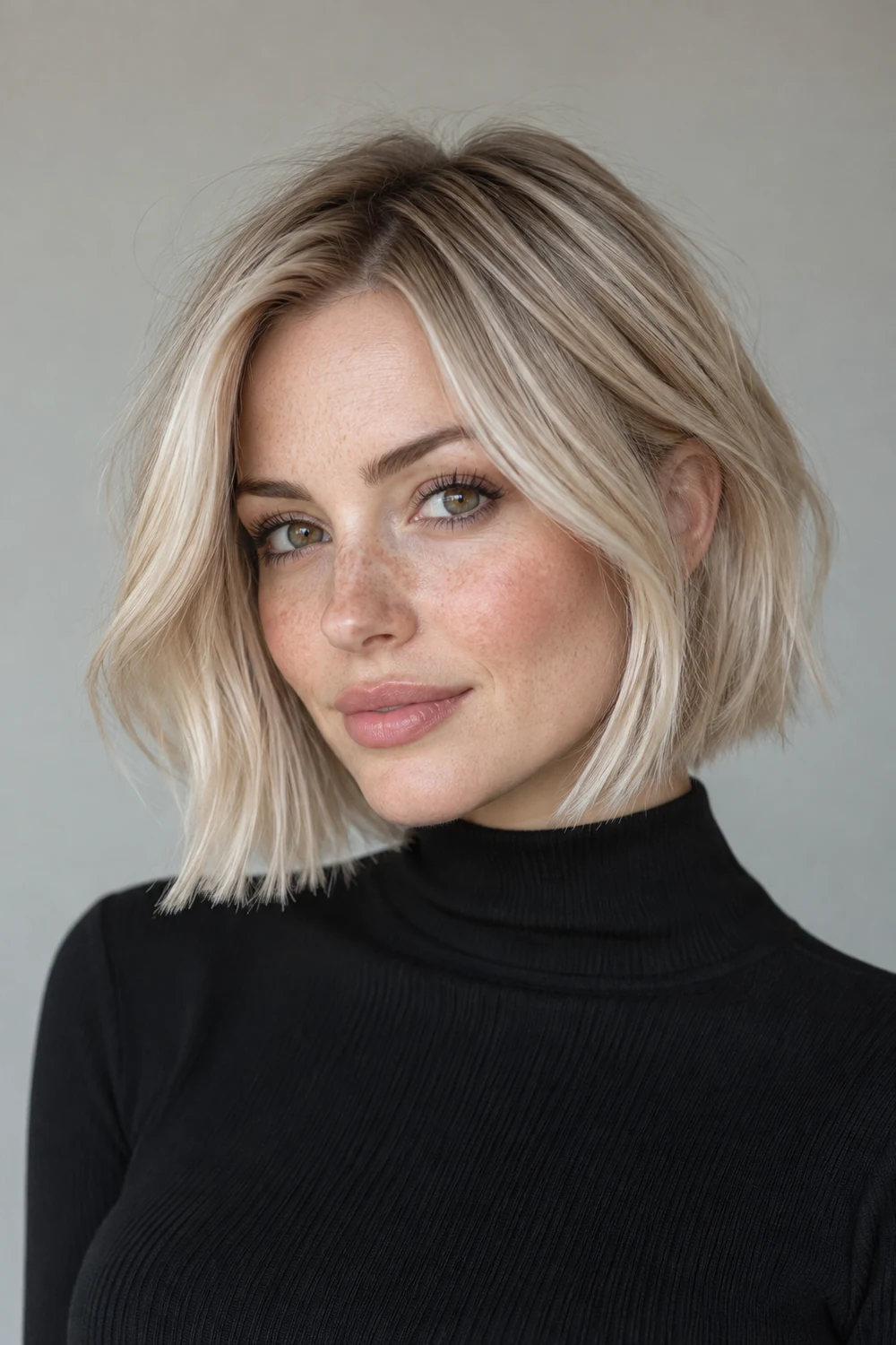 Adult woman with a softly cool pearl blonde chin-length bob, blended darker roots, fine highlights, freckles, and a black high-neck top.