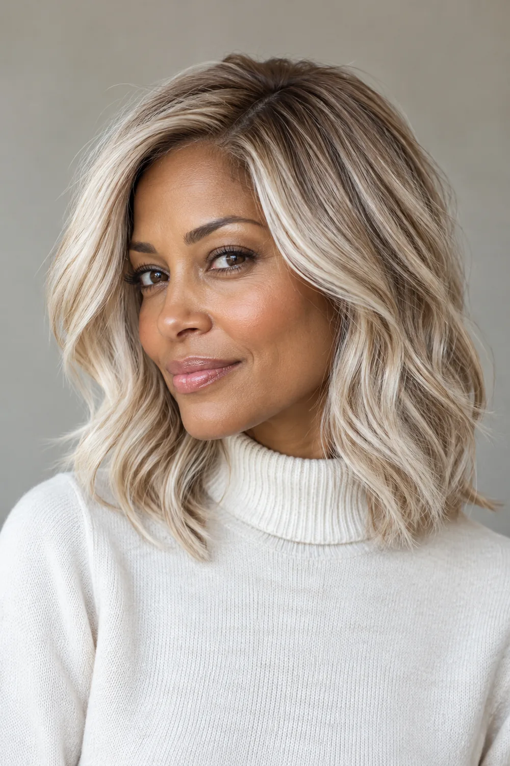 A woman with shoulder-length pearlescent blonde layers, a deeper beige-blonde root, and loose bends, wearing a cream high-neck sweater.