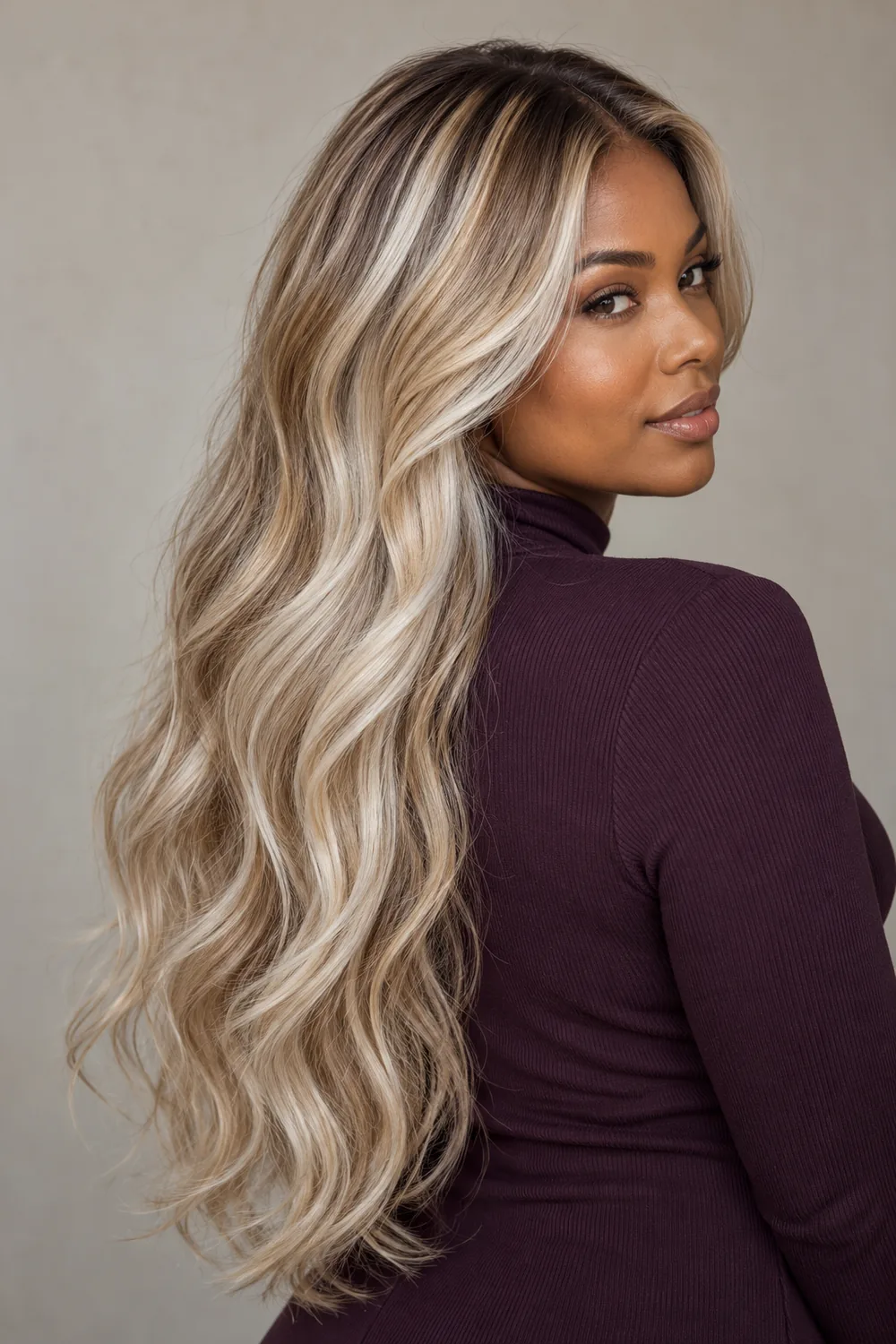 A woman with long, defined waves showing wide pale pearl-blonde ribbons over a softly shadowed neutral blonde base, photographed from a rear three-quarter angle.