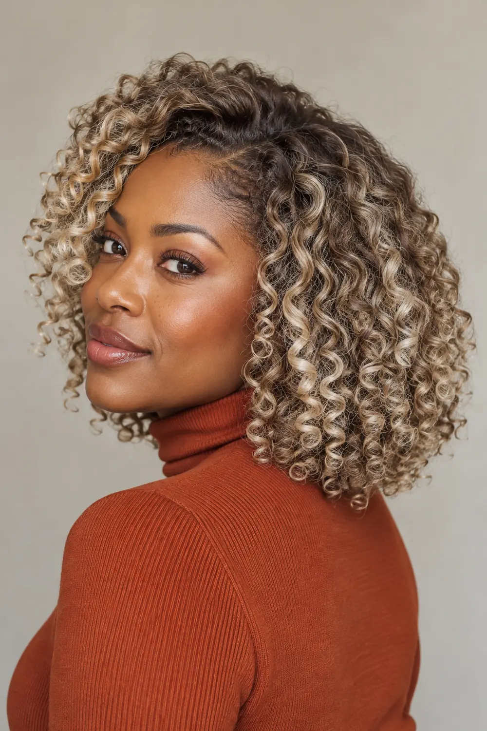 A woman with rounded, shoulder-grazing curls in pale pearl blonde with deeper roots, wearing a rust high-neck top.