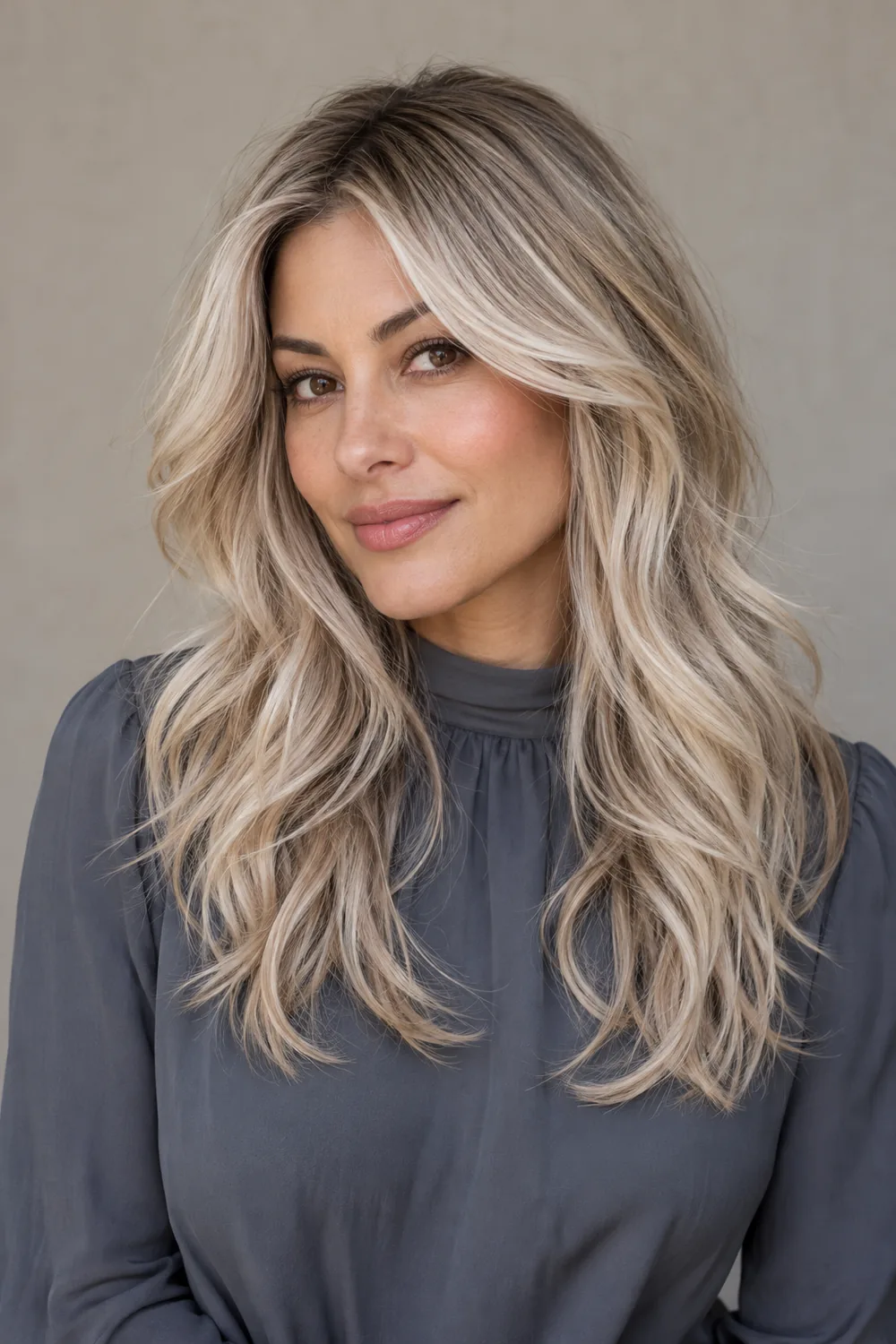 Adult woman with long, softly waved pearlescent blonde shag layers, curtain fringe, bright face-framing ribbons, and a medium blonde shadow root.