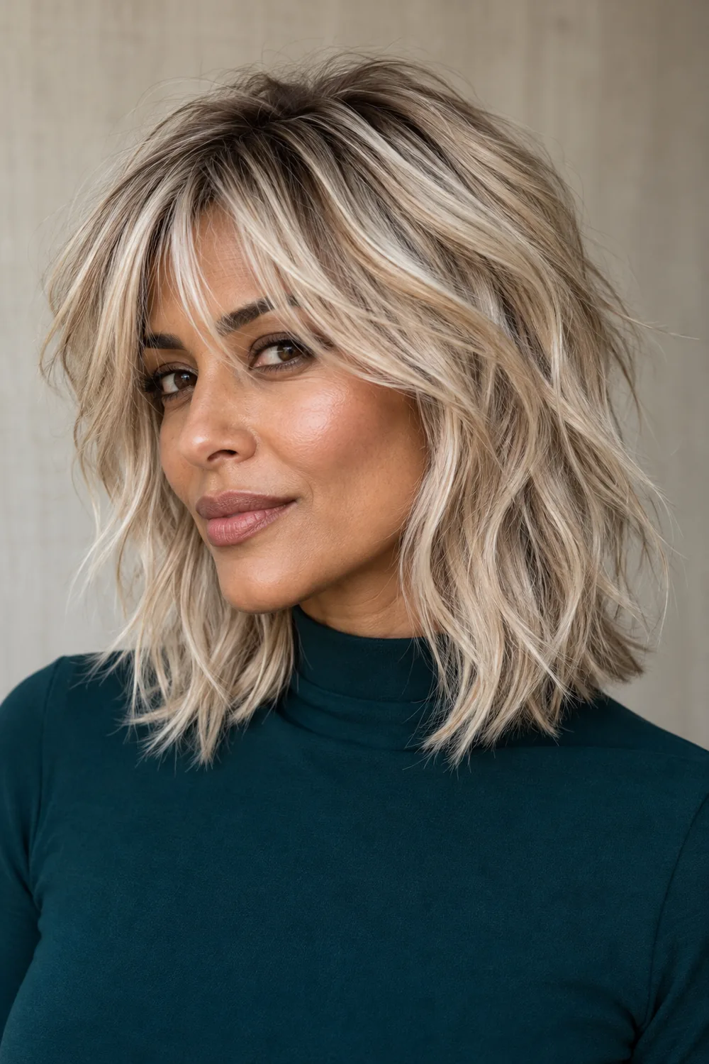 Adult woman with a shoulder-length pearl blonde shag, beige-blonde lowlights, blended darker roots and wispy fringe, wearing a deep teal high-neck top.
