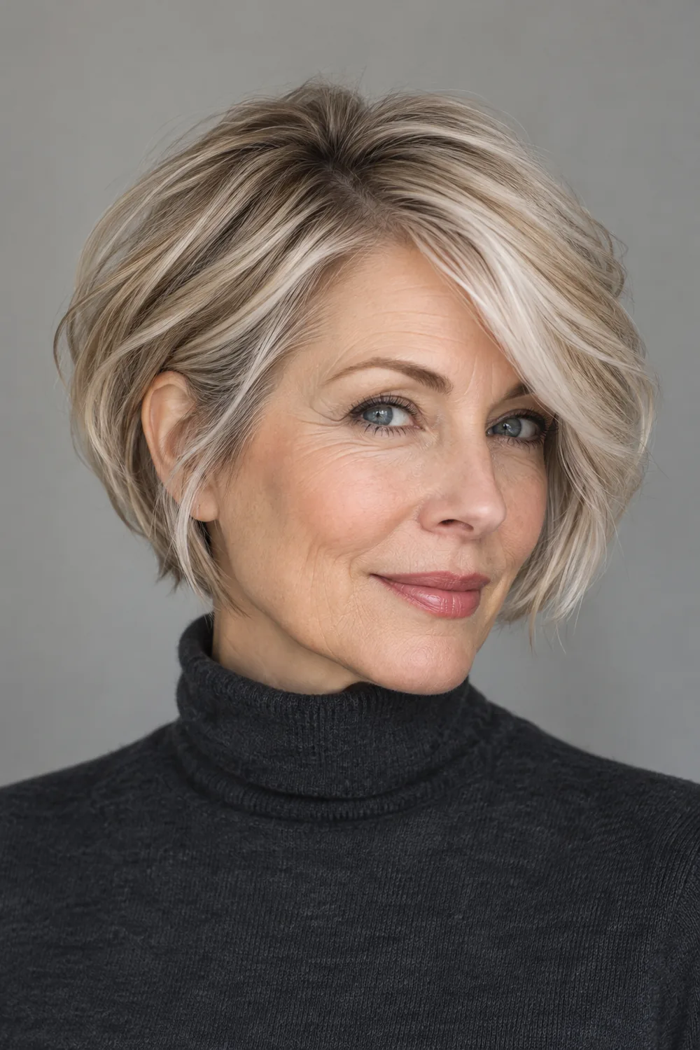 Mature woman with a jaw-length pixie bob, deeper blonde roots and pale pearlescent highlights across the crown and side-swept fringe.