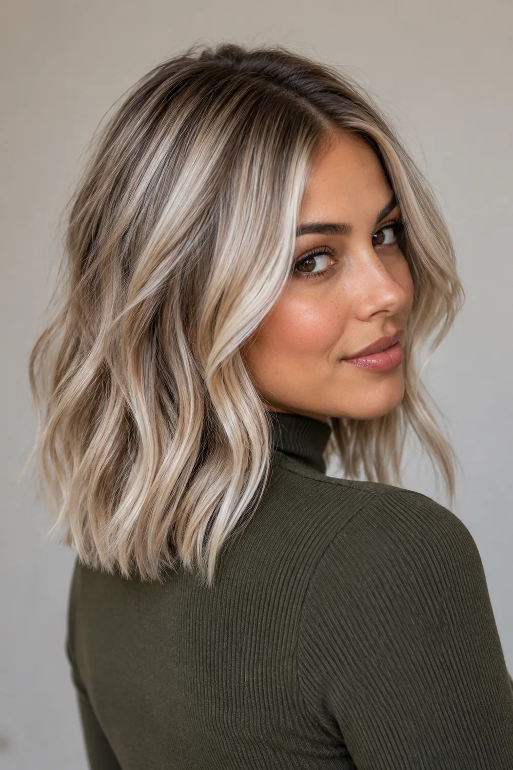 Adult woman in a three-quarter portrait with a wavy lob, cool dark blonde roots and alternating pale pearl blonde ribbons, wearing an olive high-neck top.