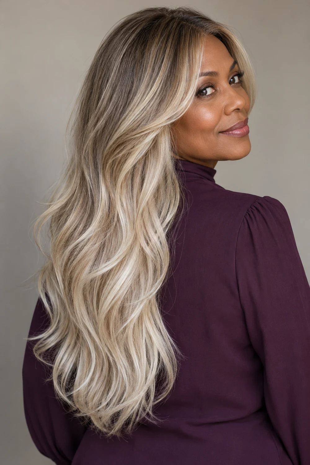 Adult woman with long, softly waved pearl blonde hair, darker neutral roots, and a plum high-neck blouse, shown in a three-quarter portrait.