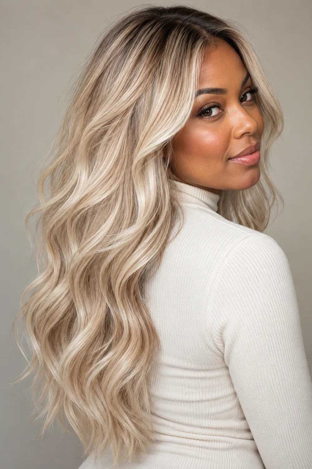 A fictional adult woman with medium deep brown skin wears long, softly waved pearl-blonde hair with a subtle darker root and dimensional lowlights, shown in a three-quarter portrait.