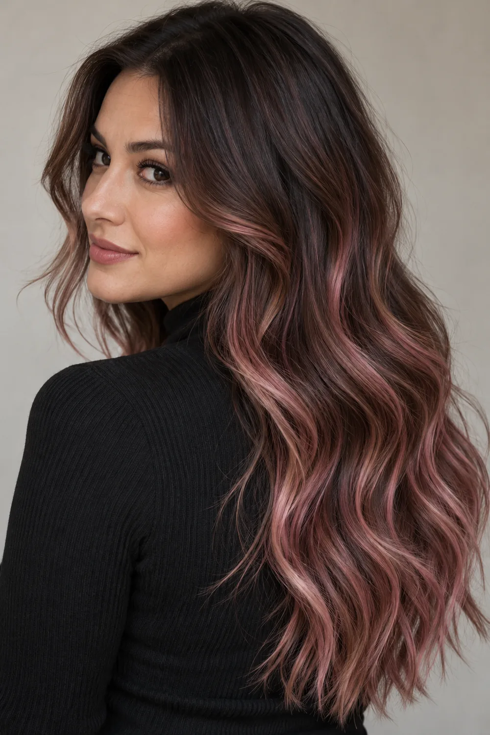 A woman in a black high-neck top looks over her shoulder, showing long, loose deep brown waves with muted rose-pink balayage through the mid-lengths and ends.