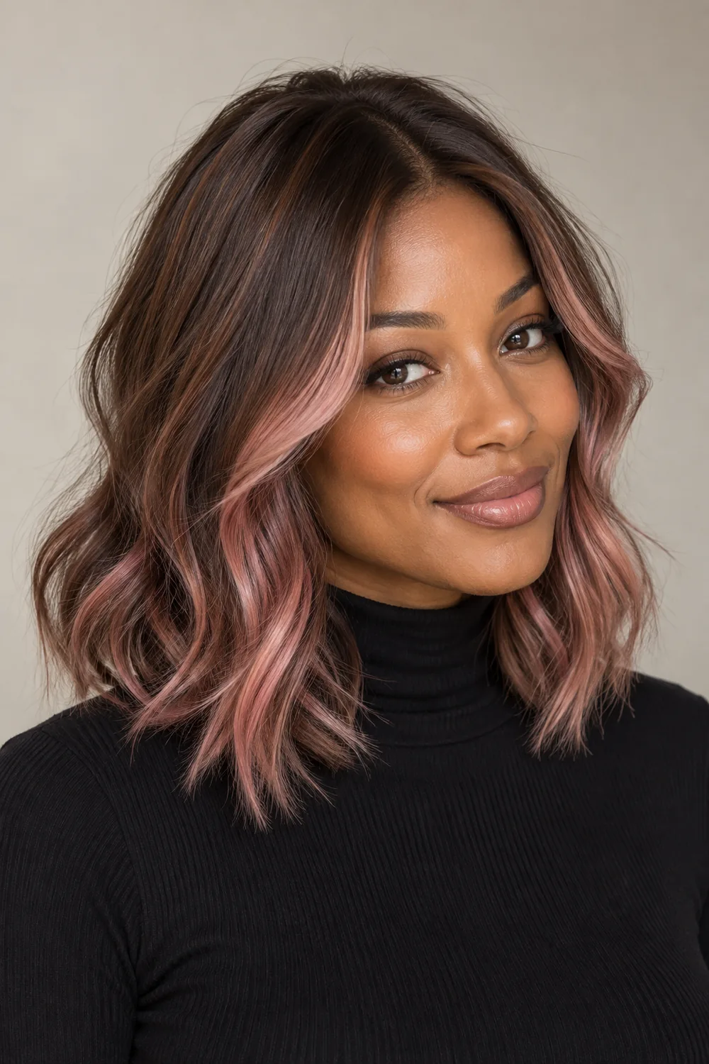 Adult woman with collarbone-length chestnut-brown hair, dusty pink face-framing balayage and soft bends, wearing a black high-neck top.