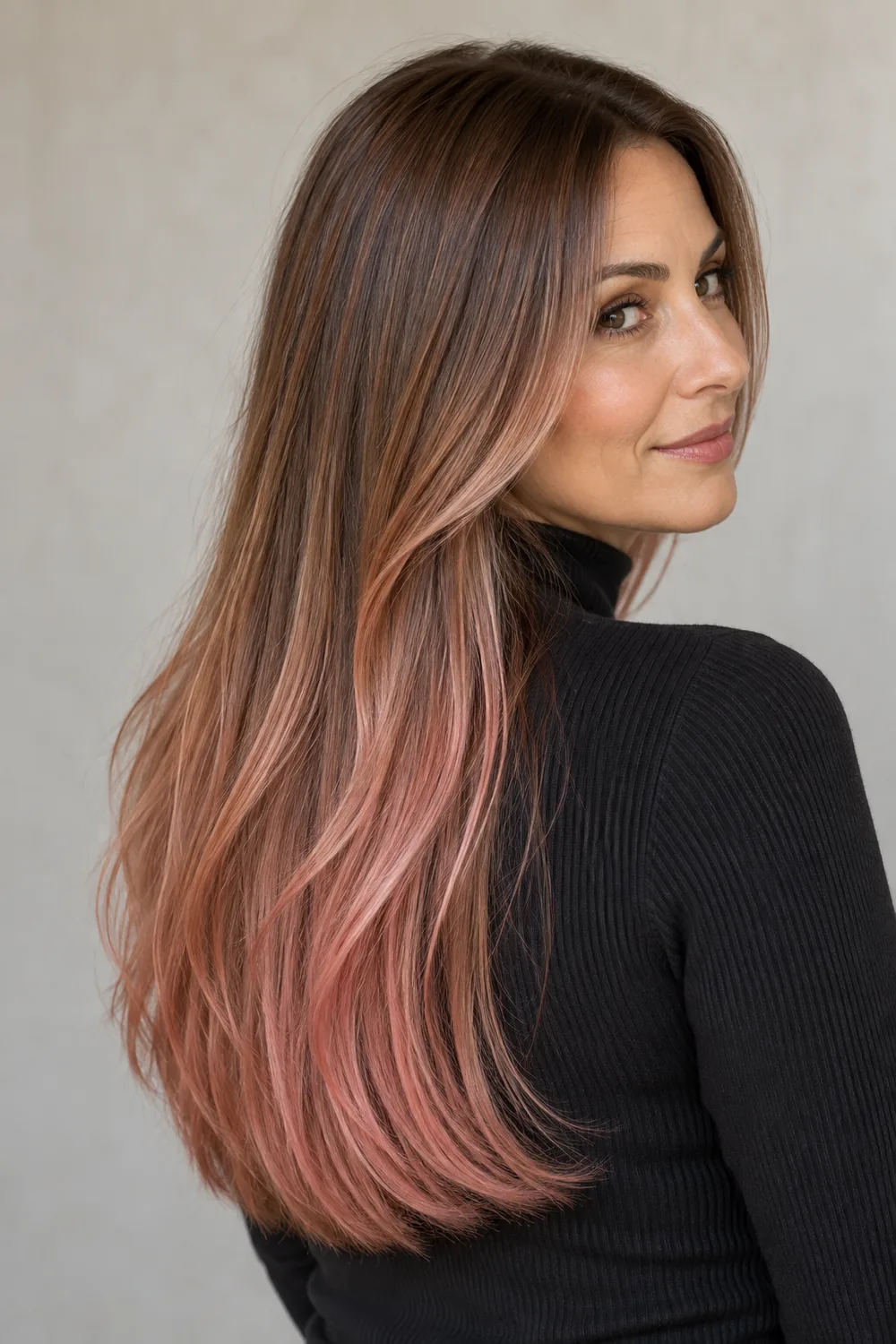 Long straight light brown hair with warm peach-rose balayage through the lower lengths, shown in a rear three-quarter portrait.
