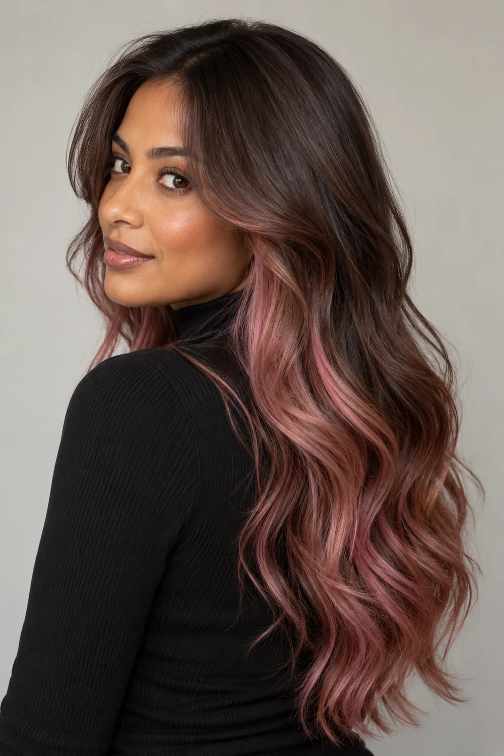 A woman with long chocolate-brown waves and dusty rose-pink underlayers, shown in a three-quarter turn against a neutral background.