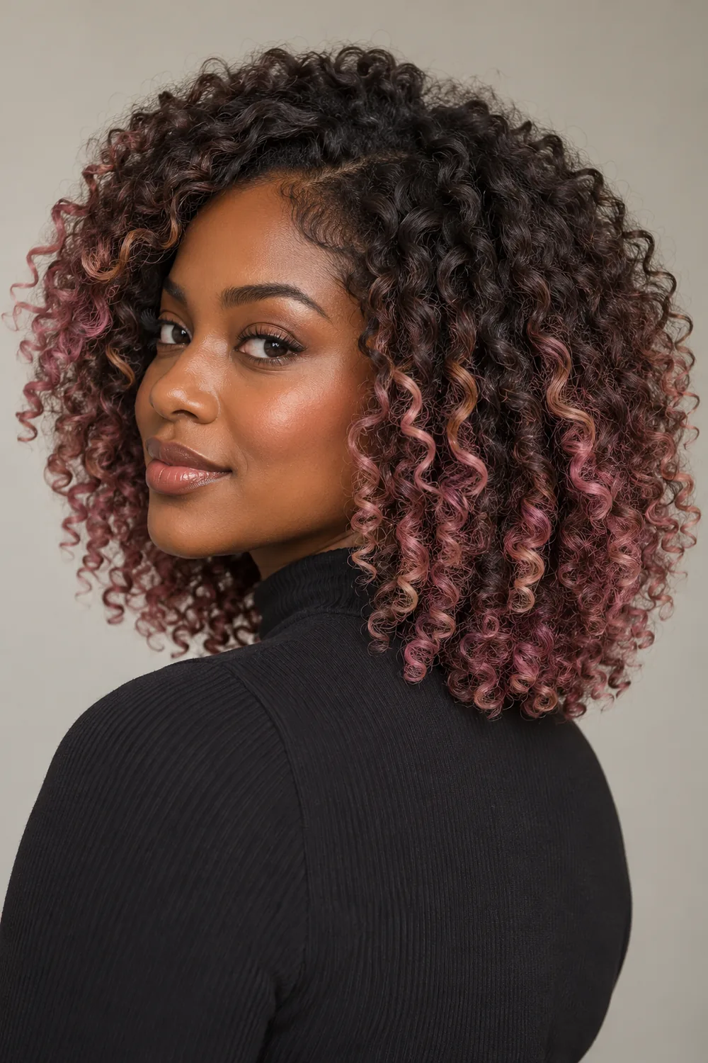Defined dark brunette curls with dusty mauve-pink accents through selected curl clumps.