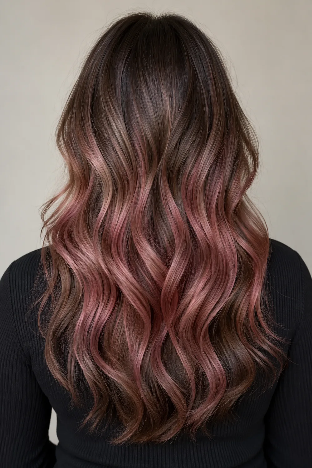 Long walnut-brown waves with muted rosewood-pink balayage through the mid-lengths, photographed from behind.