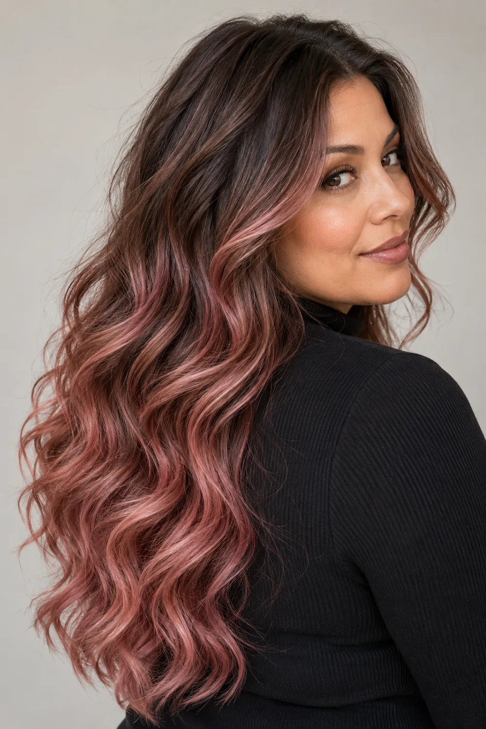 Long, loose brown waves with blended dusty rose-pink balayage from the mid-lengths to the curled ends, shown in a three-quarter portrait.