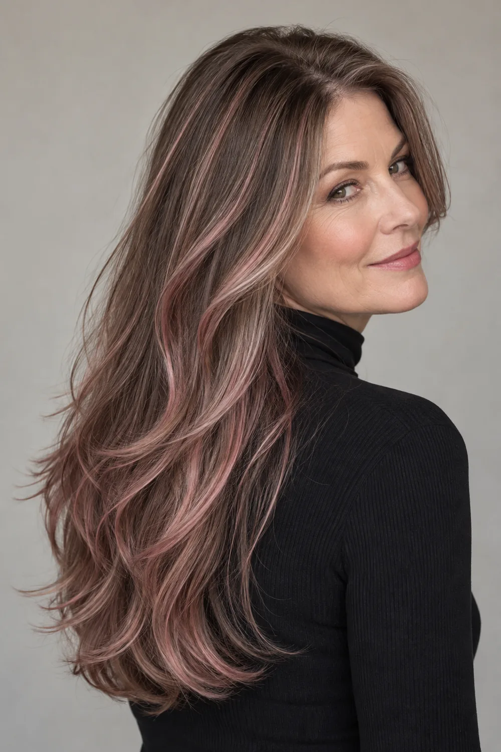 A woman with long ash-brown layered hair and cool dusty-rose balayage ribbons, shown in a three-quarter portrait against a neutral background.