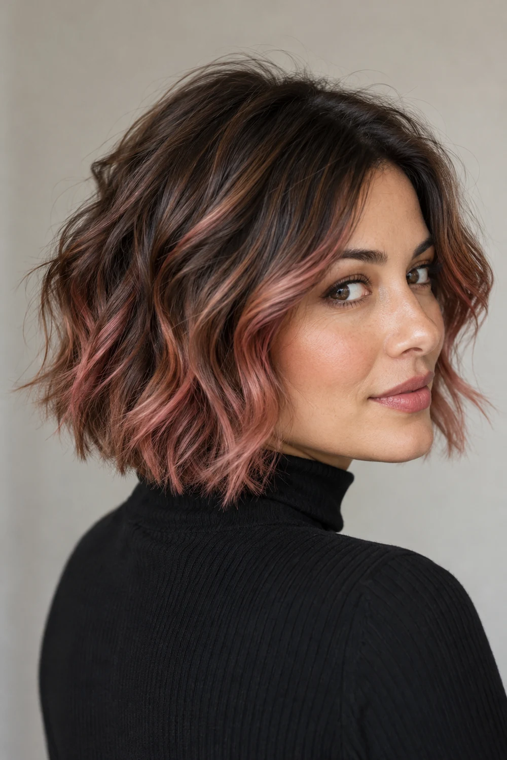 Adult woman in a three-quarter rear view with a chin-length wavy brown bob and copper-rose pink accents through the outer waves and ends.
