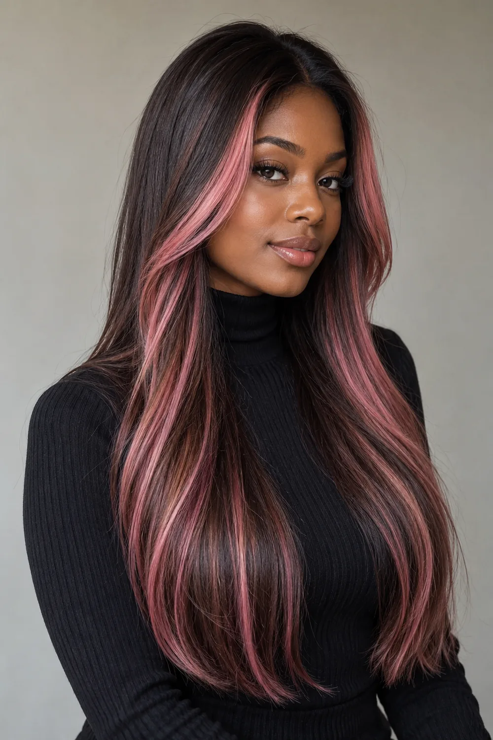 Long, sleek dark brown hair with vivid rose-pink face-framing balayage and softer pink ribbons through the lengths, shown on an adult woman in a black high-neck top.