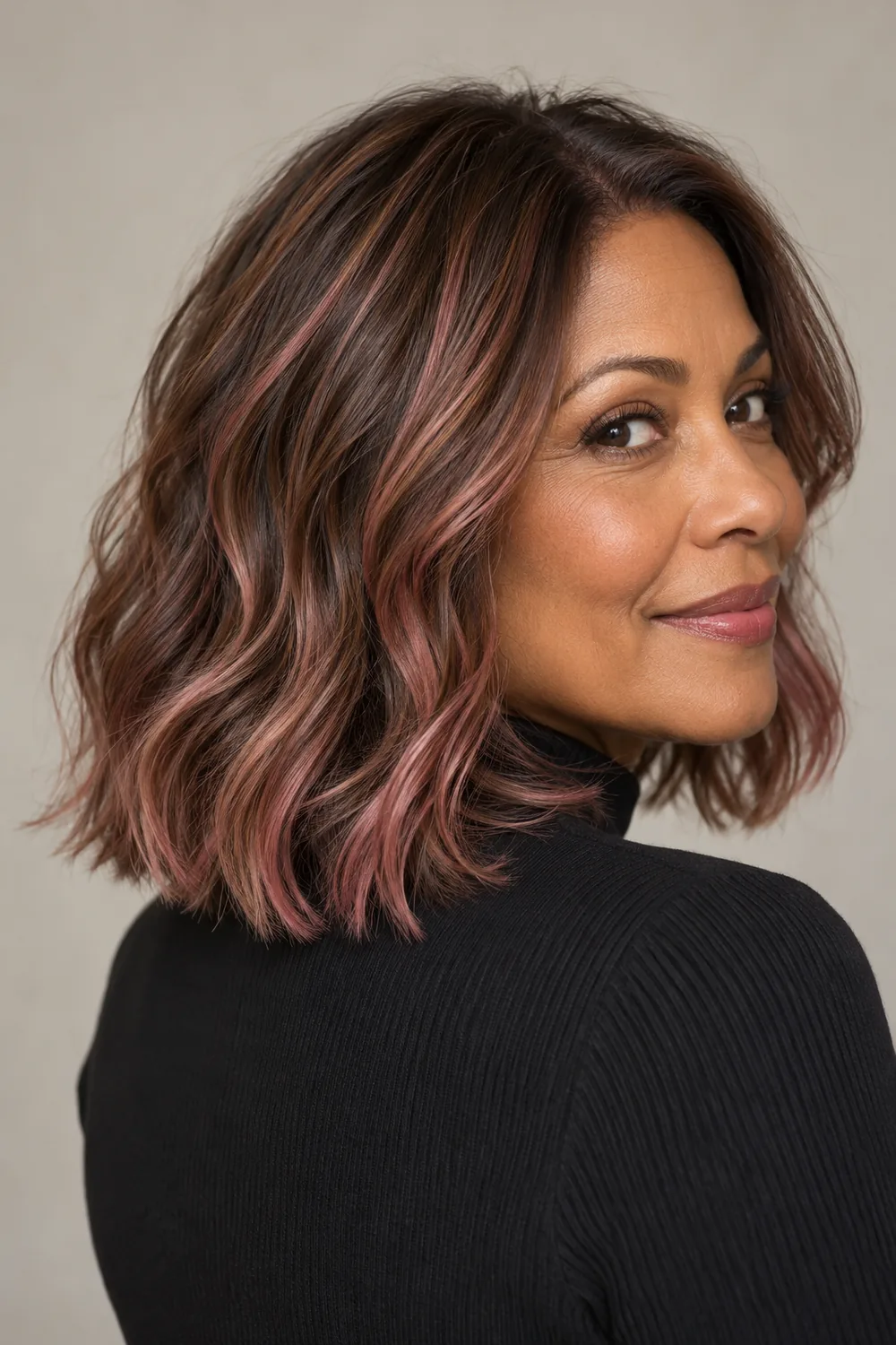 Adult woman with a collarbone-length brown lob, blended rose-pink highlights, and soft bends, shown in a three-quarter portrait.