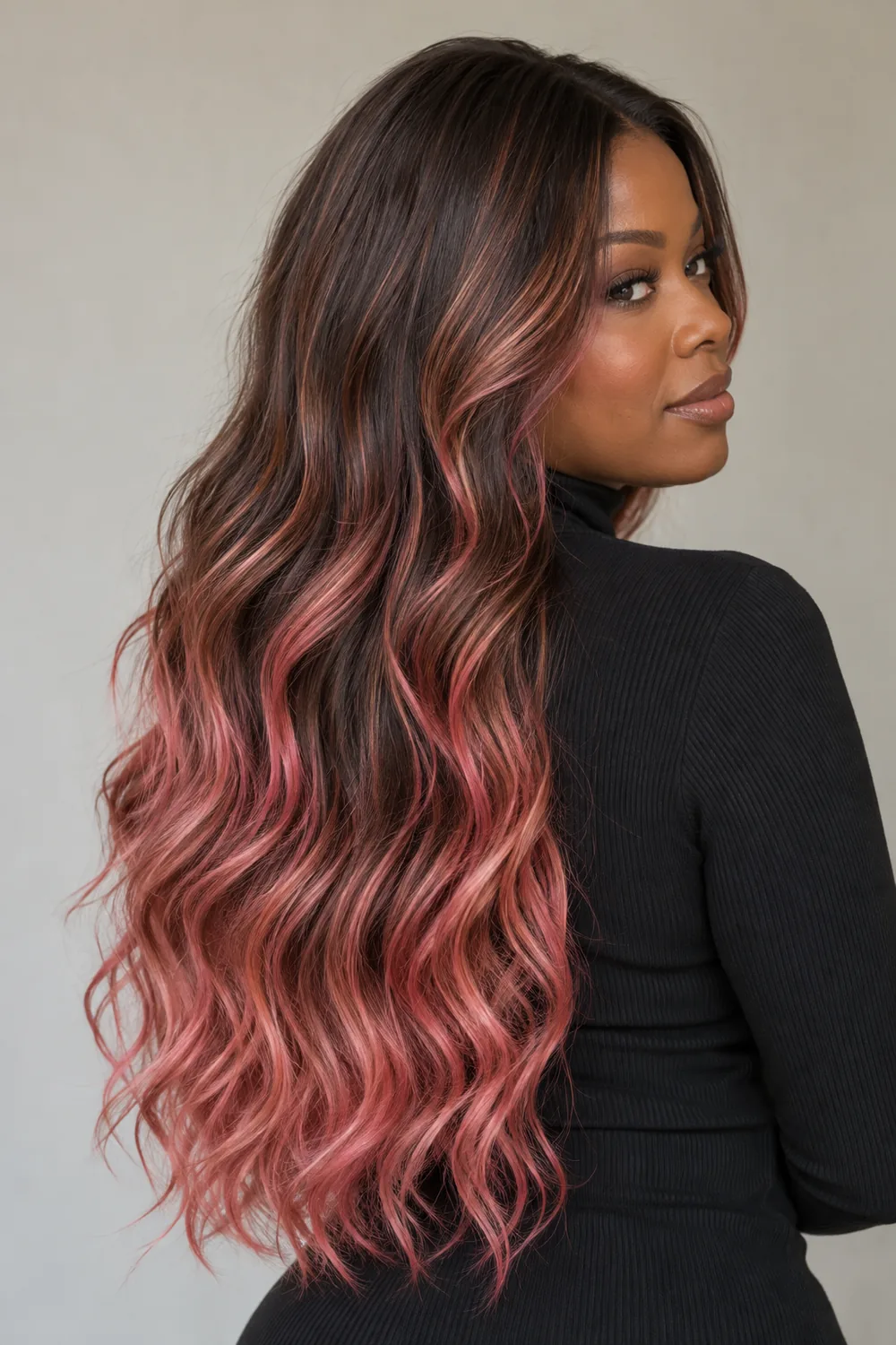 A woman with long, loose dark brown waves and feathered warm pink balayage through the lower lengths, shown in three-quarter view.