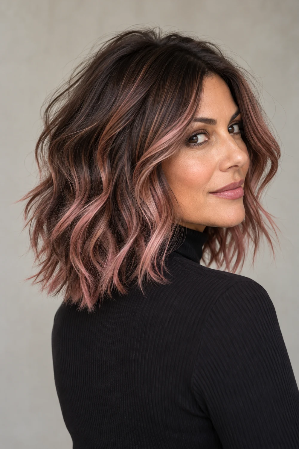Brunette shag with dusty rose accents following short face layers and longer back pieces.