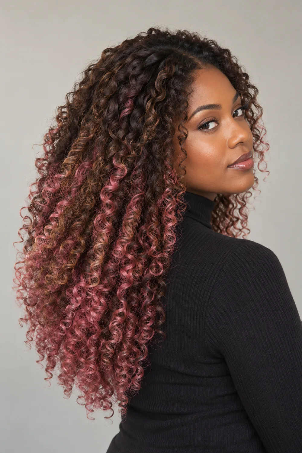 A woman with long brown coils and broad rose-pink balayage ribbons from mid-length to the ends.