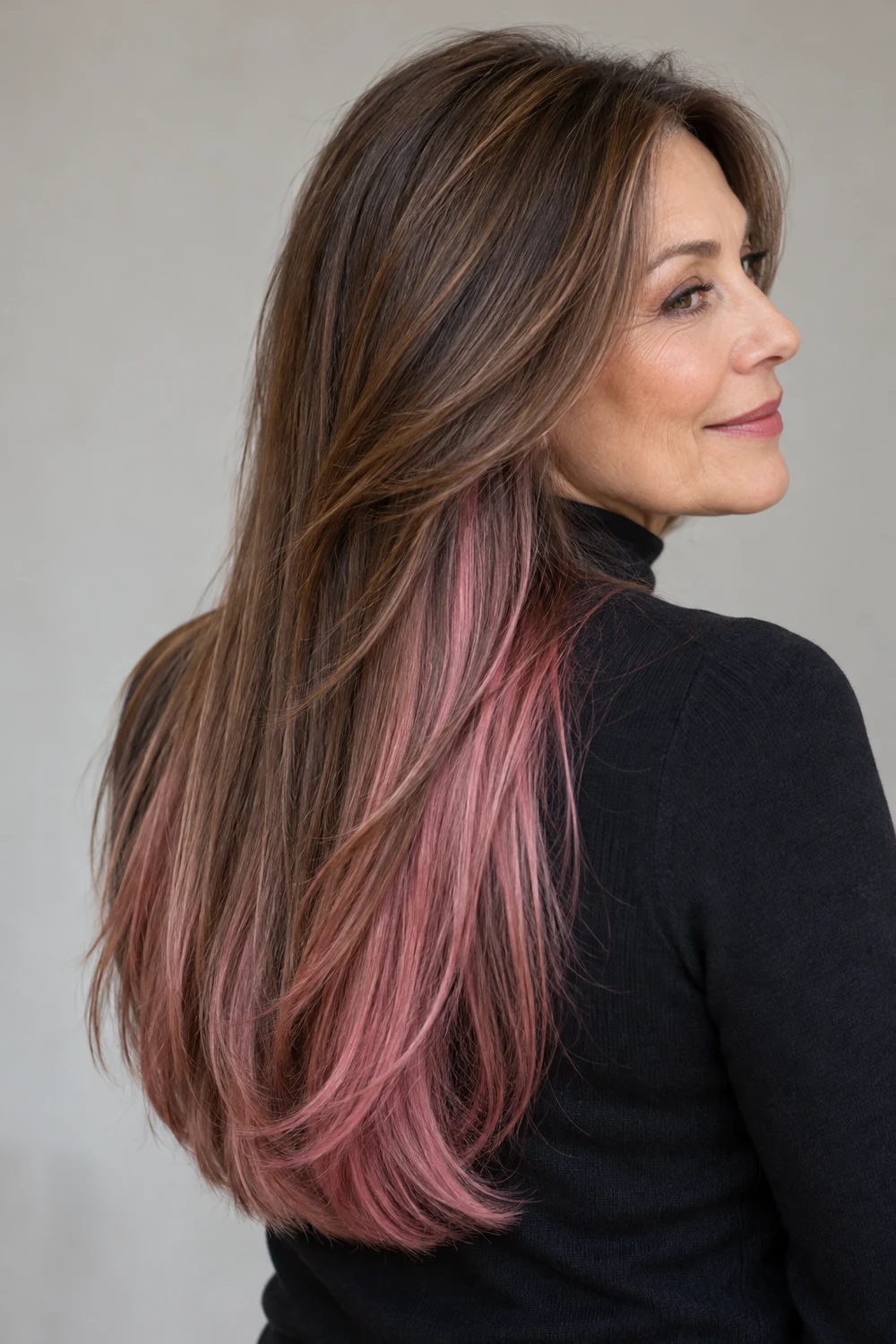 Long, straight medium-brown hair with a muted rose-pink underlayer visible from the nape through the lower lengths, shown from a rear three-quarter angle.