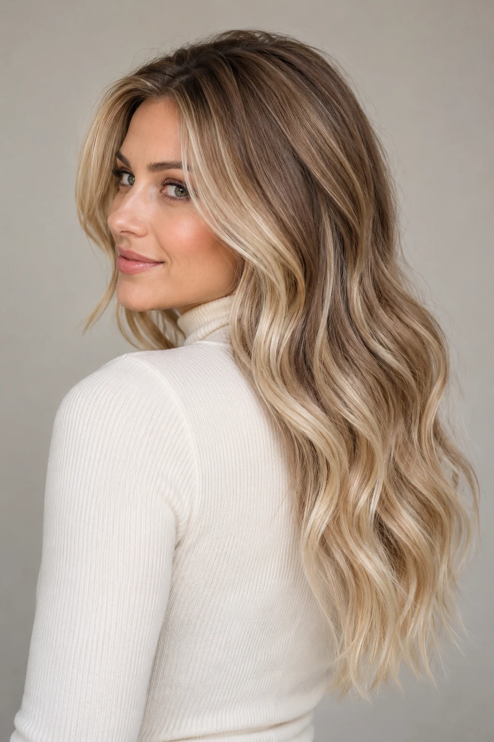 A woman in a cream high-neck top looks over her shoulder, showing long beige blonde waves with taupe-brown dimension through the roots and mid-lengths and lighter ends.