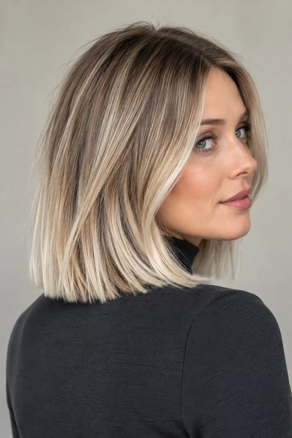 A woman with a straight collarbone-length pale blonde lob, softly shadowed brown roots, cool lowlights, and bright ends, shown in a three-quarter rear view.