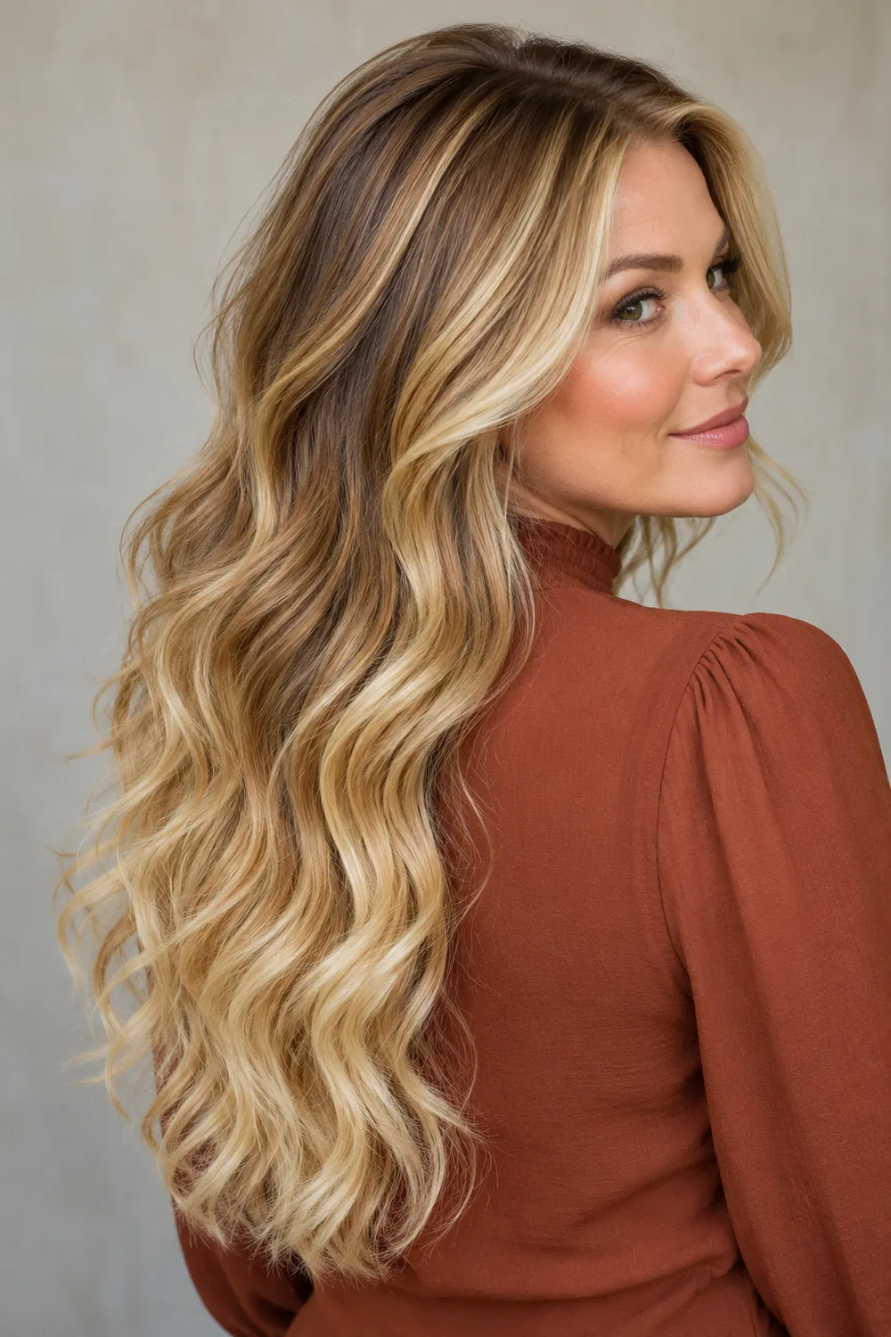 Long, loose blonde curls with honey-brown depth at the crown and through the upper lengths, blending into light golden ends.