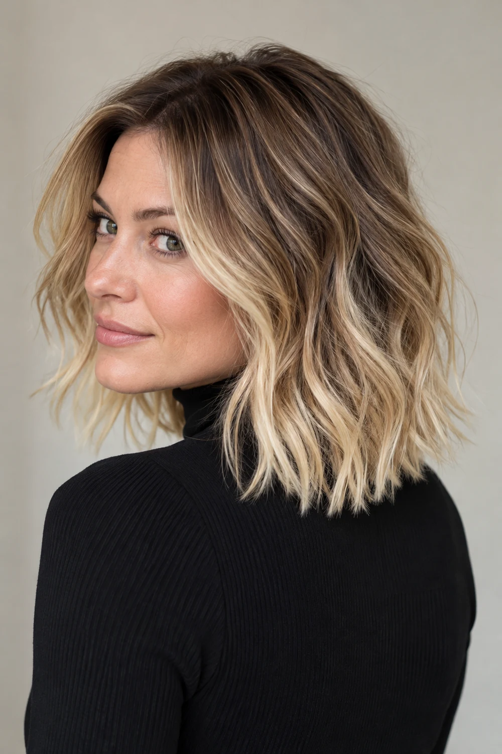 Three-quarter portrait of an adult woman with a layered shoulder-length blonde shag, deeper brown shadow roots and mid-length dimension, and bright ends.