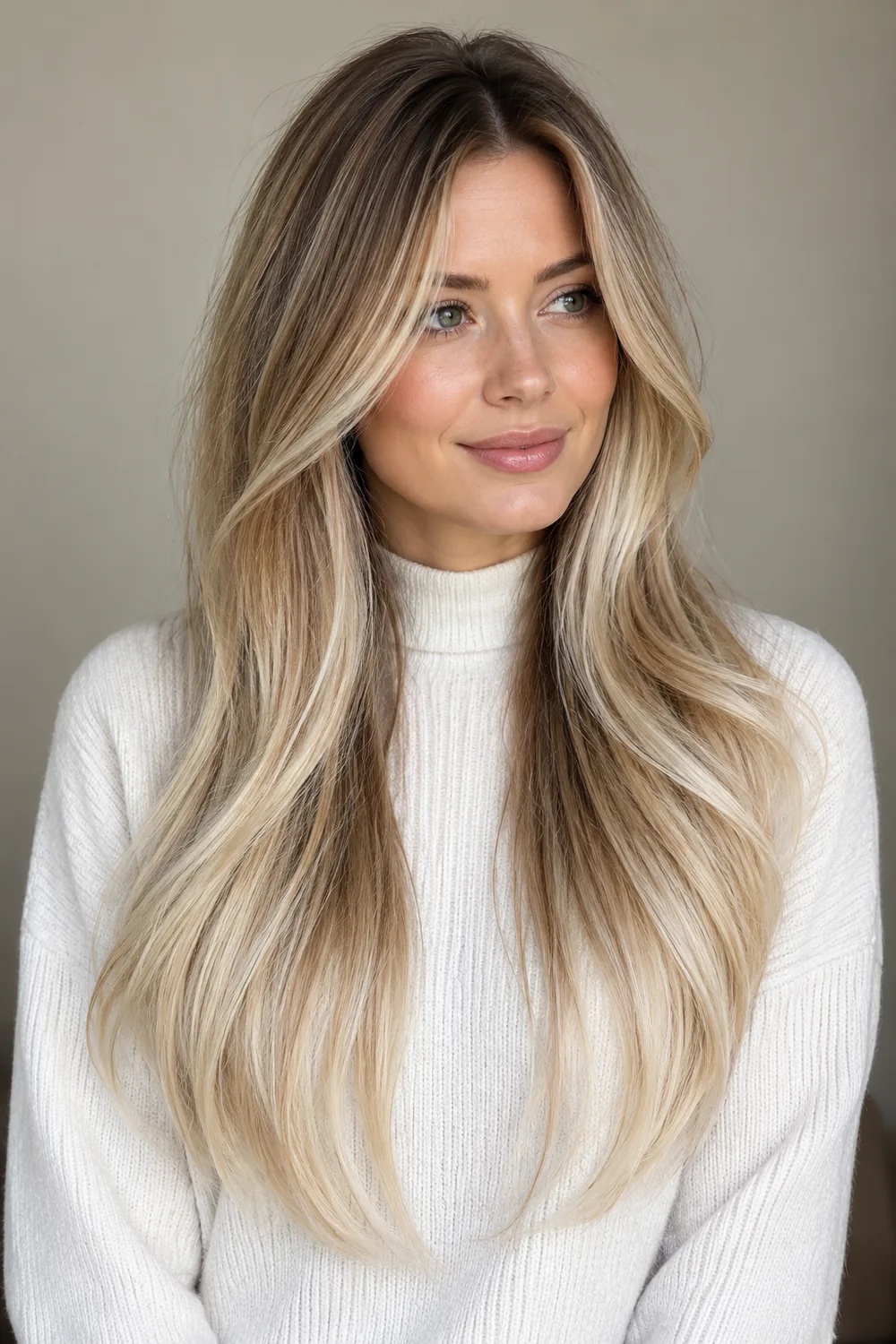 Long champagne blonde layers with softly blended brown depth near the roots and lighter ends, shown on an adult woman in an ivory knit top.
